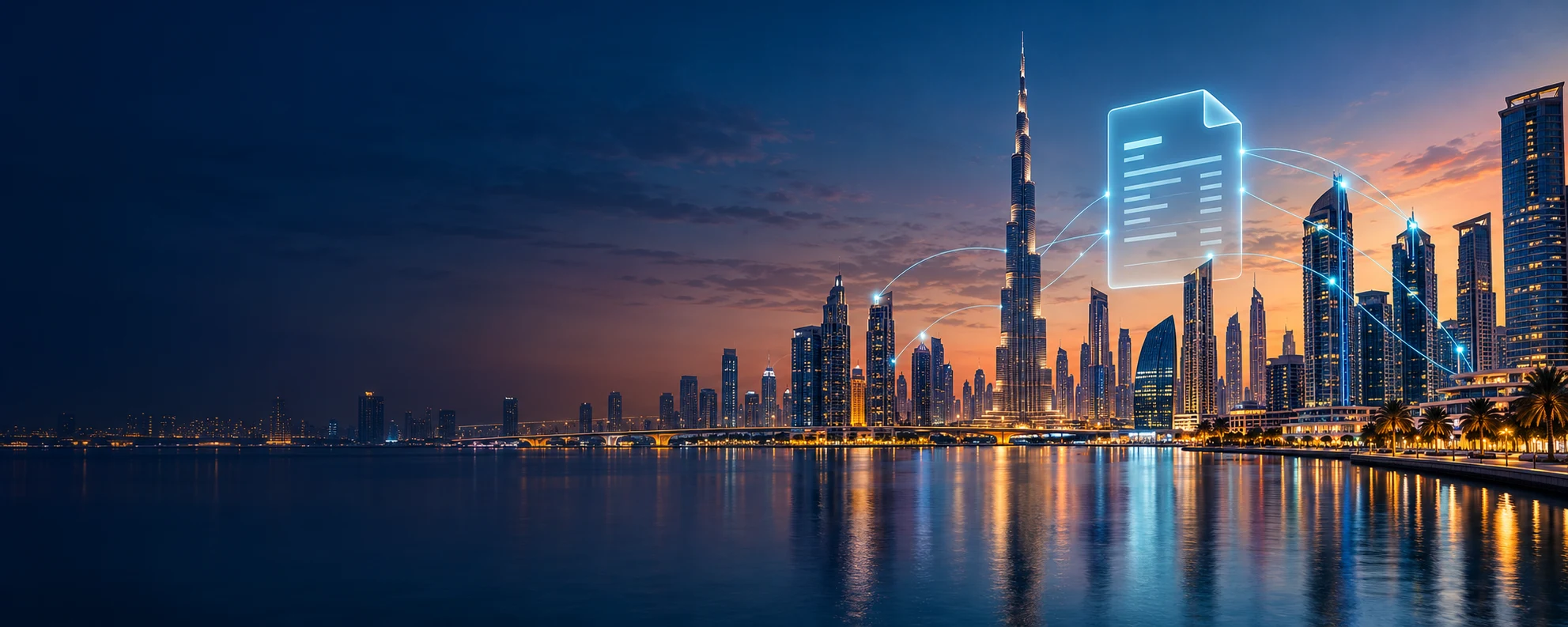 Concept illustration of Dubai skyline and an electronic invoice
