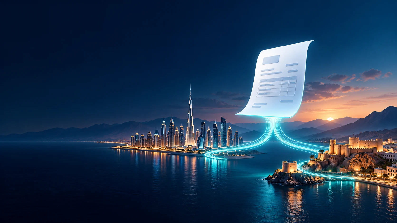 Concept illustration of a structured invoice connecting Dubai and an Omani coastal fort through cyan data paths
